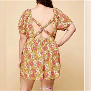 Yellow Floral Criss Cross Back Puff Sleeve Romper